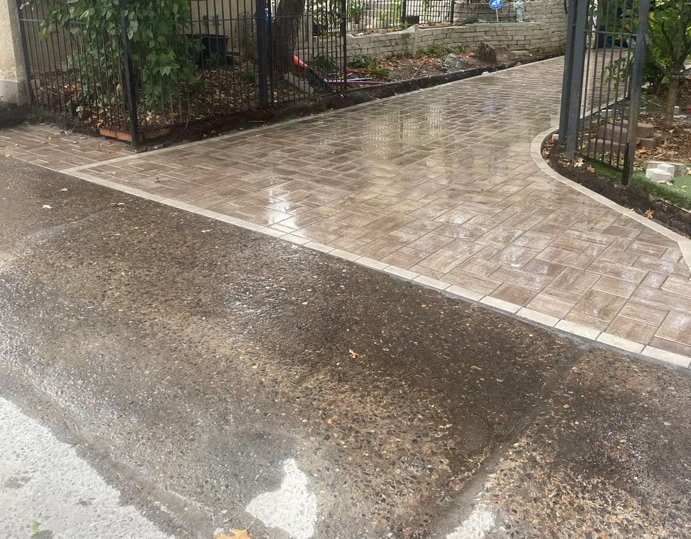 Wet decorative pavement with a curved path and surrounding greenery after rainfall.